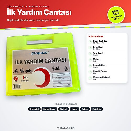 Propazar İlk Yardım Çantası Neon Sarı Saplı Plastik Kutu (Dolu, 7 Çeşit Malzeme) - 1