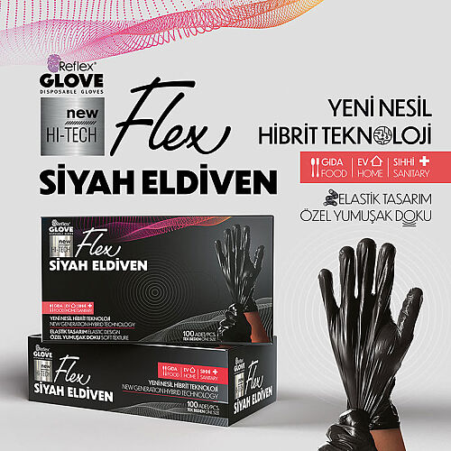Reflex Flex Hi-Tech Siyah TPE Pudrasız Tek Kullanımlık Eldiven 100’lü - 1