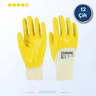 Starline E-203 Sarı Nitril İş Eldiveni 12li Paket | 3/4 Nitril Kaplı Pamuk Astarlı - 1