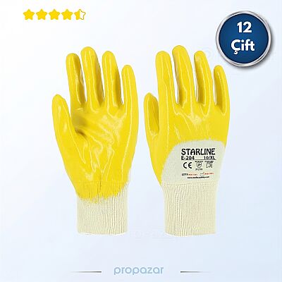 Starline E-204 Sarı Nitril İş Eldiveni 12’li Paket | 3/4 Nitril Kaplı - 1